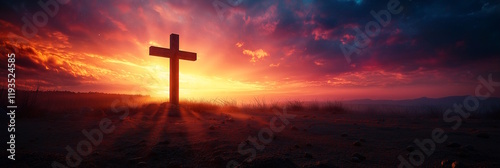 Wooden cross surrounded by colorful clouds at sunset with Easter eggs in the foreground, concept of Easter and rebirth photo