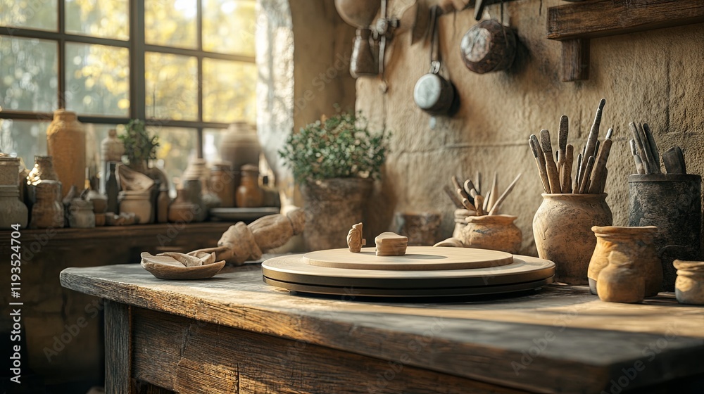 A rustic clay sculpting station with tools, fresh clay, and a turntable A rustic clay sculpting station with tools, fresh clay, and a turntable