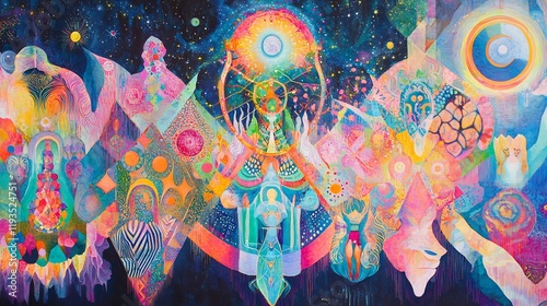 Vibrant portrayal of philosophical archetype abstract pattern cosmic alignment representing human nature