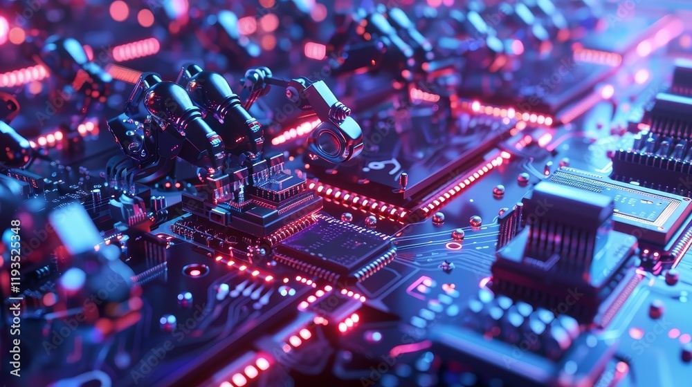 Obraz premium A close-up view of a circuit board with glowing components, showcasing technology and innovation.