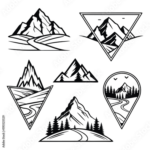 Set of Black and White Mountain Illustrations photo