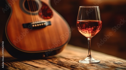 A close-up of an acoustic guitar next to a glass of rosé wine on a rustic wooden table