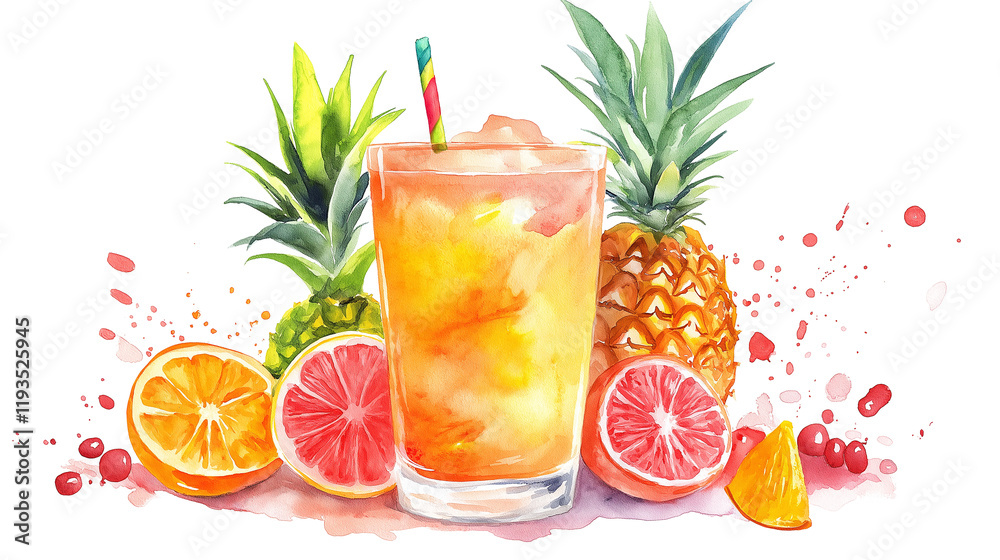 Fototapeta premium Watercolor png clipart Colorful Drink with Orange, Pineapple, and Grapefruit on a white background