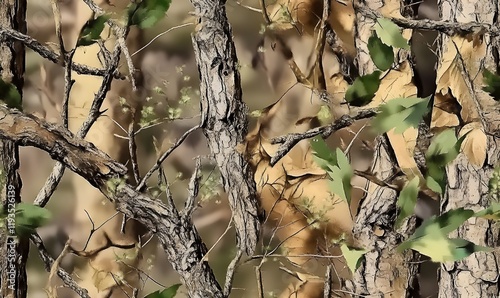 A camouflage pattern made of real tree branches and green leaves, with an American-style camo design for hunting in the woods. The background is a close-up of a pine forest with brown 