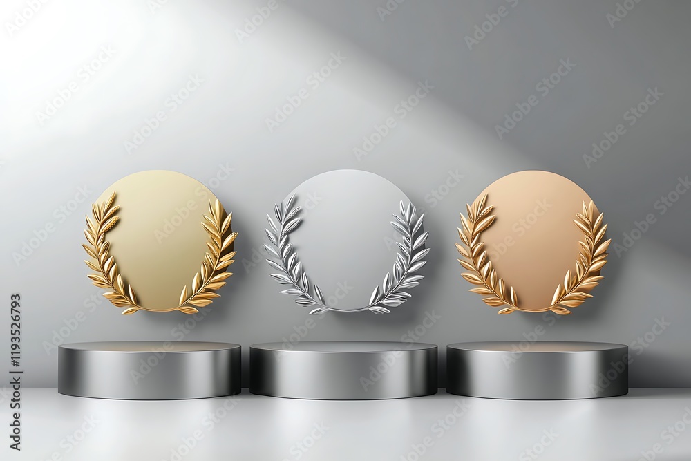 Award Ceremony Podiums with Golden, Silver, and Bronze Laurel Wreaths Award Ceremony Podiums with Golden, Silver, and Bronze Laurel Wreaths