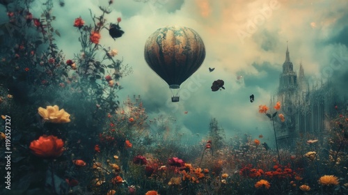 fantasy scene with hot air balloon floating over a colorful flower field and gothic castle in the background
