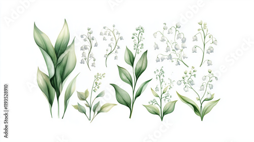 Watercolor set of white lily of the valley flowers isolated on white background