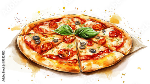 Watercolor png clipart Colorful Pizza with Cheese on Top on a white background