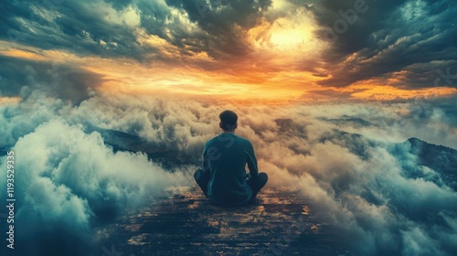 man sitting on a mountain surrounded by clouds watching a vibrant sunset in the sky
