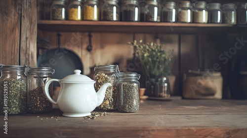 A rustic herbal tea blending setup with jars of dried herbs and a teapot photo