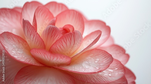 Pink camellia with delicate veining petals, dew drops closeup image. Flowering plant. Floral close up photography. Perennial asteraceae. Botanical harmony concept photo realistic