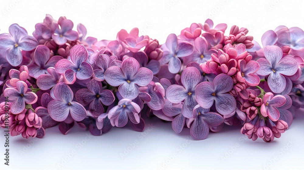 Obraz premium Vivid arrangement of blooming purple lilacs image. Soft lavender and magenta hues with buds. Blossoms. Botanical photography scene wallpaper. Floral concept photorealistic photo