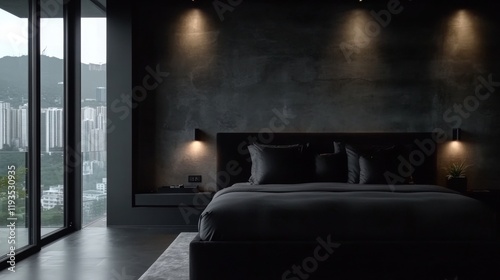 Dark Minimalist Bedroom with City View