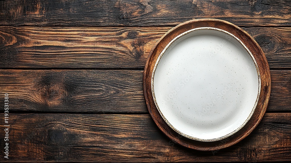 Empty white plate on rustic wooden surface Empty white plate on rustic wooden surface