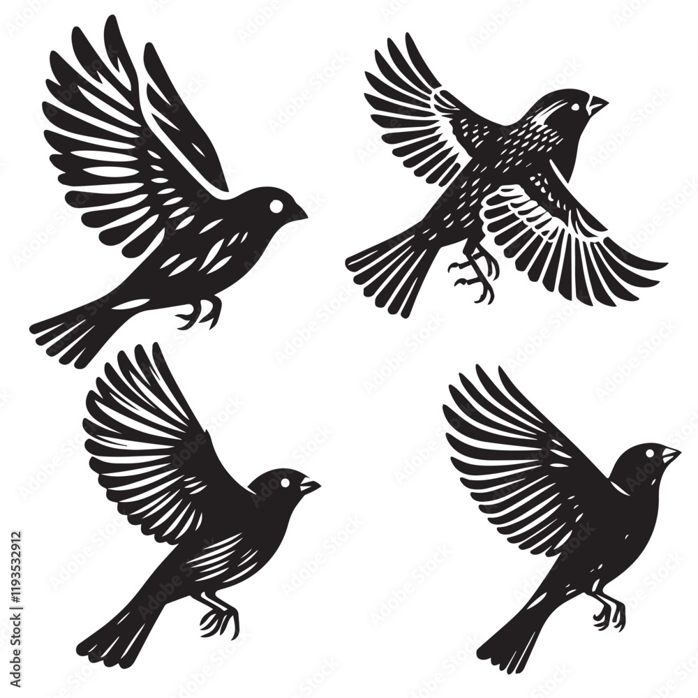 Fototapeta premium A minimalist, beautiful linocut illustration of a flying Grosbeak bird in silhouette. This black vector artwork captures the elegant form and graceful movement of the bird.
