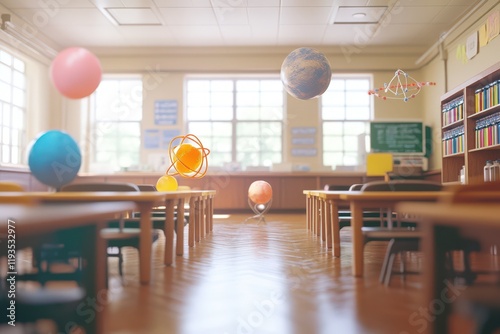 Classroom Scene with Floating Planets and Educational Models photo