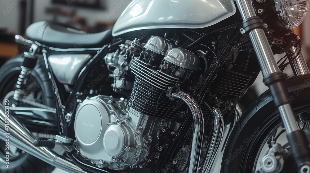 Close-up of a minimalistic motorcycle engine showcasing chrome details and sleek design Close-up of a minimalistic motorcycle engine showcasing chrome details and sleek design