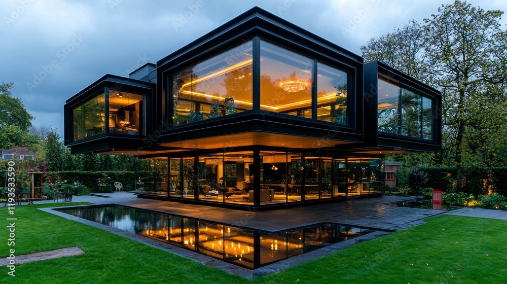 Modern architectural marvel with glass features and illuminated interiors in a serene garden setting Modern architectural marvel with glass features and illuminated interiors in a serene garden setting