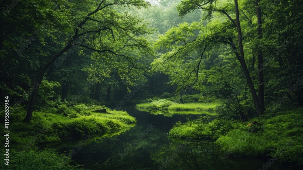 Emerald Enchantment: Serene forest stream reflects lush greenery, creating a tranquil and mystical atmosphere. The vibrant green foliage and calm waters evoke a sense of peace and harmony. Emerald Enchantment: Serene forest stream reflects lush greenery, creating a tranquil and mystical atmosphere. The vibrant green foliage and calm waters evoke a sense of peace and harmony.