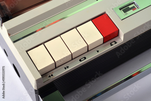 Detail of 1960s reel-to-reel tape recorder controls for recording music and voice