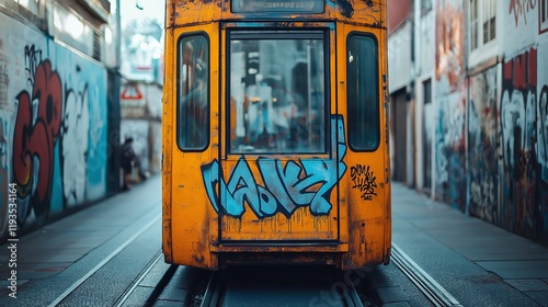 Close-up of a yellow tram door with graffiti, set against a backdrop of urban street art in a narrow alley