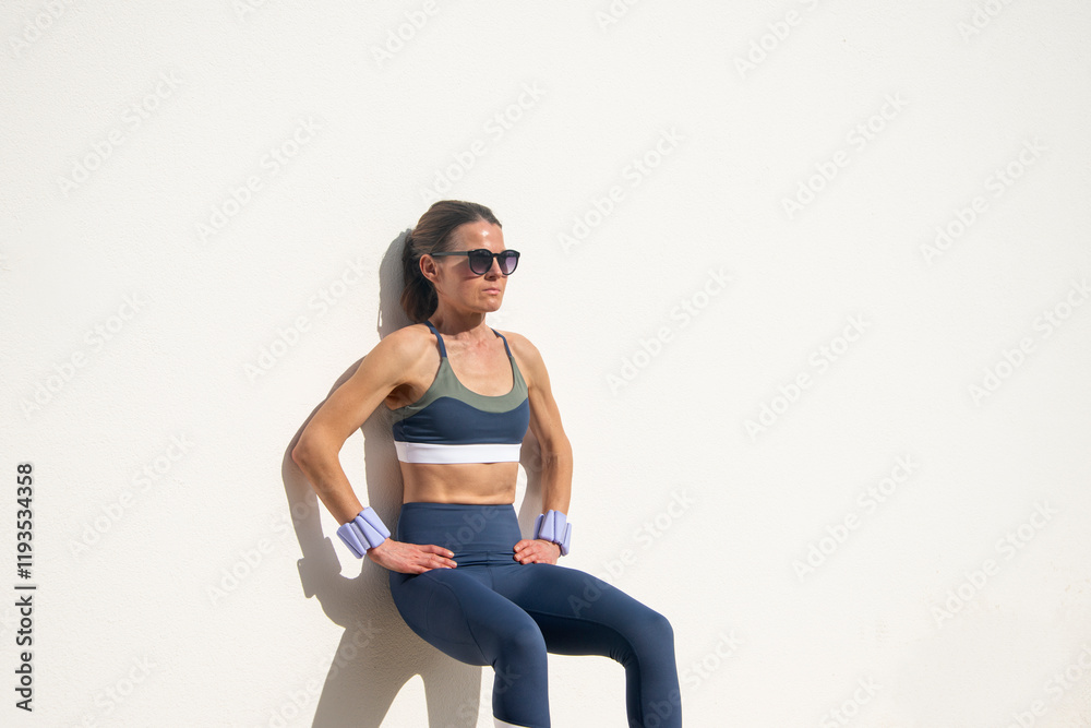 Obraz premium sporty woman wearing adjustable wrist weights doing a wall squat exercise