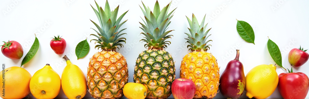 Fototapeta premium Ripe Juicy Pineapples Sit Atop A White Background Surrounded By Other Tropical Fruits In A Colorful And Vibrant Food Concept. 00001