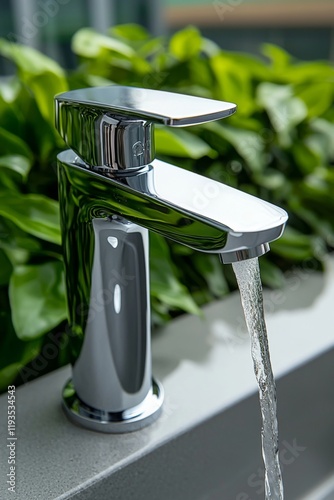 Modern faucet dispensing clear water with lush greenery in the background during daylight photo