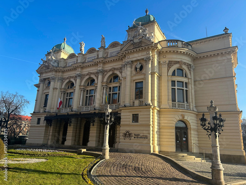 View of Juliusz Slowacki Drama theater on a day. Close-up. Krakow. Poland. photo