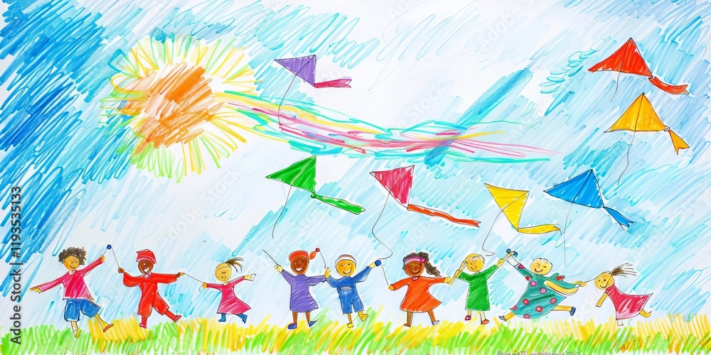 A colorful children's drawing depicting a joyful scene of kids flying kites under a bright sun. A colorful children's drawing depicting a joyful scene of kids flying kites under a bright sun.