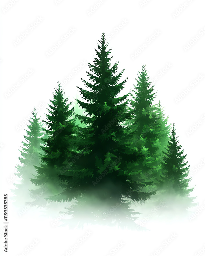 A serene group of evergreen trees emerging through gentle mist, creating a tranquil and peaceful forest atmosphere. A serene group of evergreen trees emerging through gentle mist, creating a tranquil and peaceful forest atmosphere.