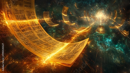 Philosophical texts visualized glowing scrolls and cosmic order representing the illumination of knowledge and eternal wisdom photo