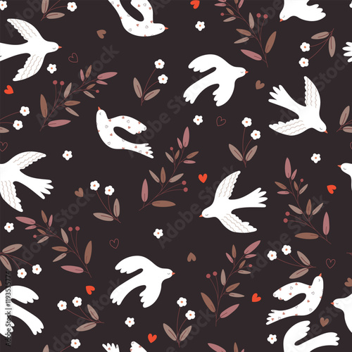 Seamless pattern with hand drawn birds, leaves flowers and hearts. White dove on black background.
