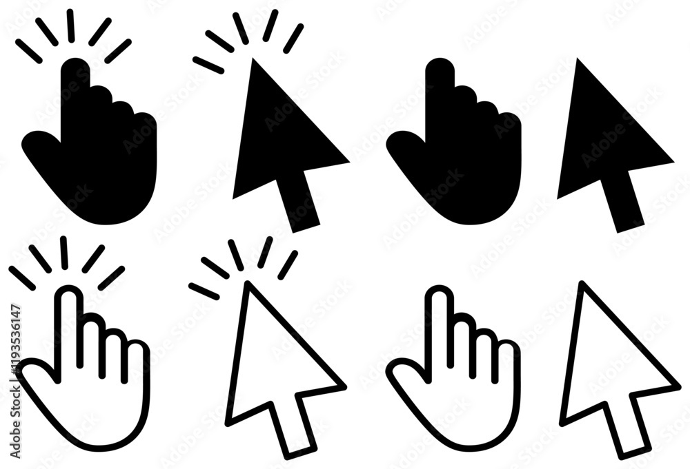 Computer mouse click cursor arrow icon set and loading icons.. Vector illustration. Mouse click cursor collection. Computer mouse click cursor arrow icon set and loading icons.. Vector illustration. Mouse click cursor collection.