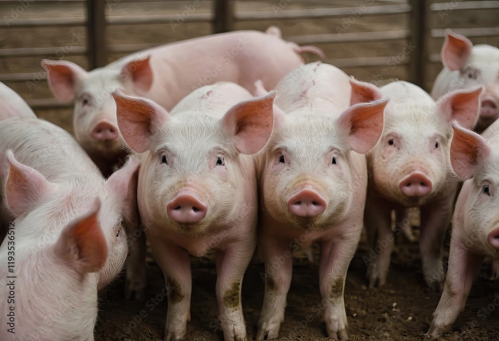 Three little pigs are standing in the dirt and gazing at the camera Three little pigs are standing in the dirt and gazing at the camera