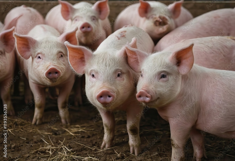 Three little pigs are standing in the dirt and gazing at the camera Three little pigs are standing in the dirt and gazing at the camera