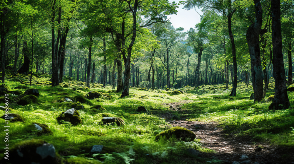 Enchanted Forest Pathway: Lush Green Canopy and Mossy Stones Enchanted Forest Pathway: Lush Green Canopy and Mossy Stones