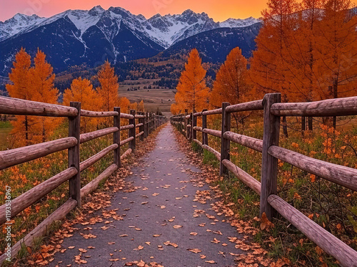 red-orange sunset, stream on rocks, autumn trees in the distance, sharp mountains with snow