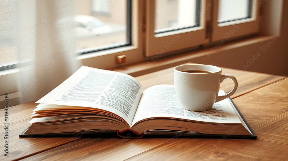 Open book and next to a cup of coffee on a wooden table by the window Open book and next to a cup of coffee on a wooden table by the window