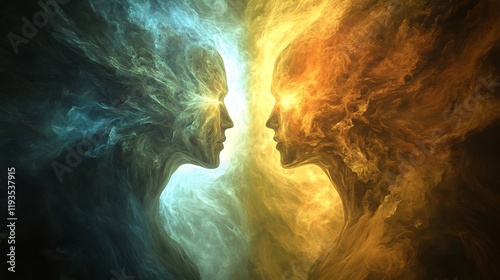 Dualism versus monism represented opposing abstract elements merging into unity symbolizing philosophical debates on the nature of existence