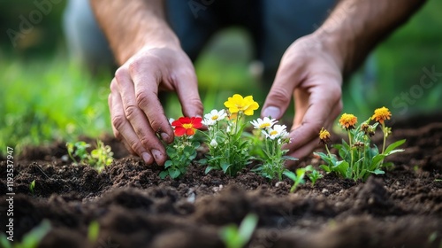Adult caucasian hands planting colorful flowers in garden soil