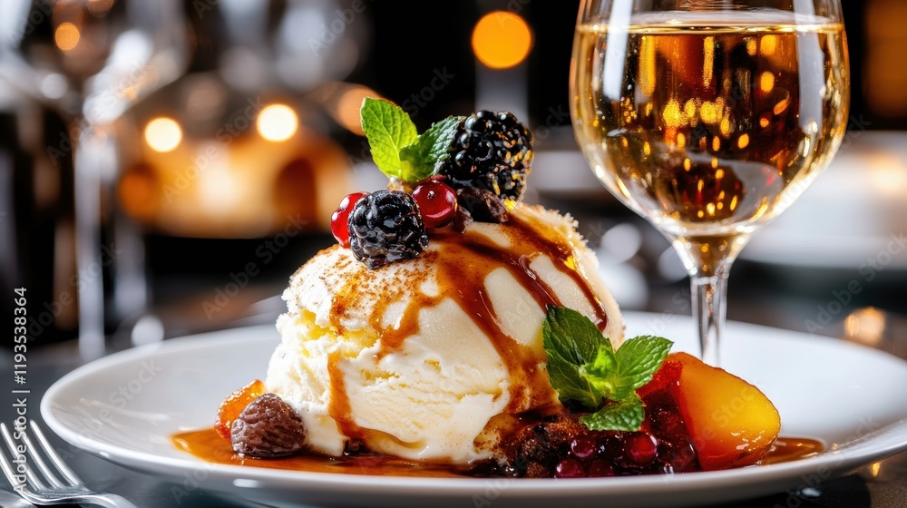 Vanilla ice cream with berries, caramel sauce, and fruits. Vanilla ice cream with berries, caramel sauce, and fruits.