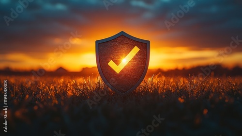 A shield symbol with a check mark stands in a field during a vibrant sunset, symbolizing protection