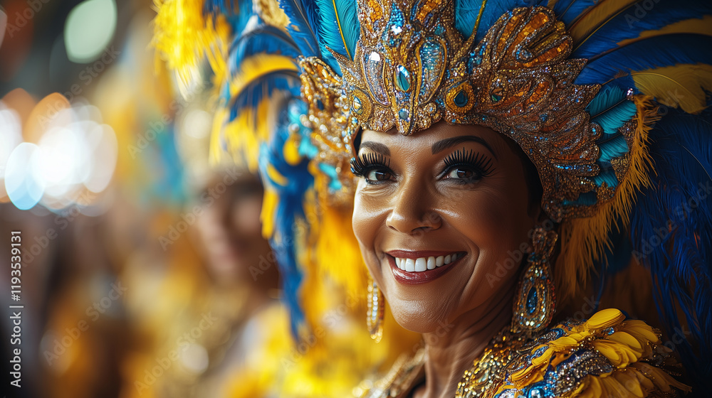 Fototapeta premium A radiant samba dancer in an elaborate blue and gold feathered headdress and shimmering costume smiles joyfully, surrounded by dazzling festival lights and the energetic rhythm of the carnival parade.