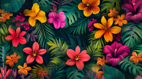 Floral background of colorful tropical leaves and flowers close-up. Floral watercolor composition. Flat lay, illustration, wallpaper, banner, design for fabric. Tropical nature concept