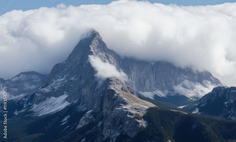 Majestic mountain peak shrouded in clouds Majestic mountain peak shrouded in clouds