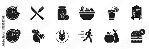 Nutrition and Wellness Silhouette Icon Set for Diet and Fitness Planning. Healthy Habit, Exercise, and Weight Loss Glyph Sign. Isolated Vector Illustration