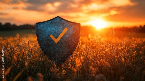 A shield symbolizing protection stands in a golden field at sunset, representing security and safety