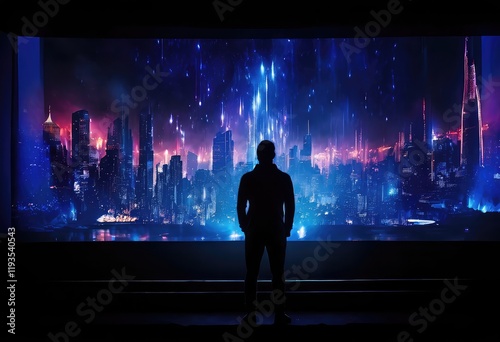 A man stands before a large screen with a city behind him