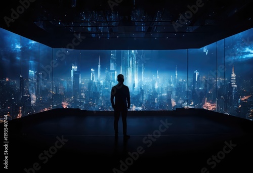 A man stands before a large screen with a city behind him